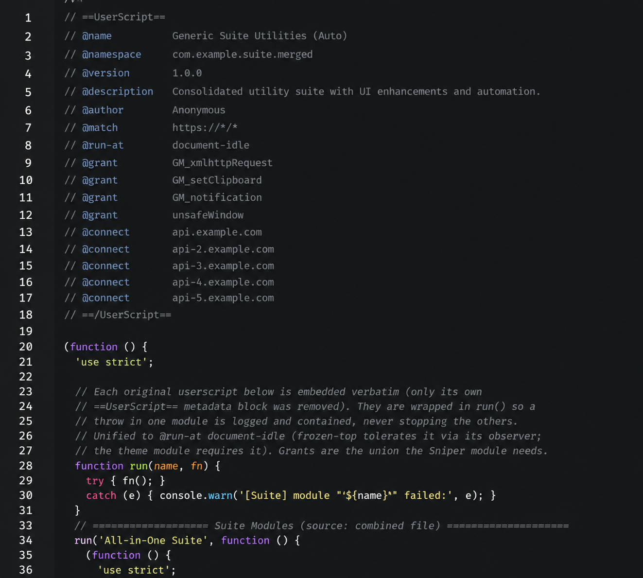 The top of the Sniper userscript — metadata header and the all-in-one module loader