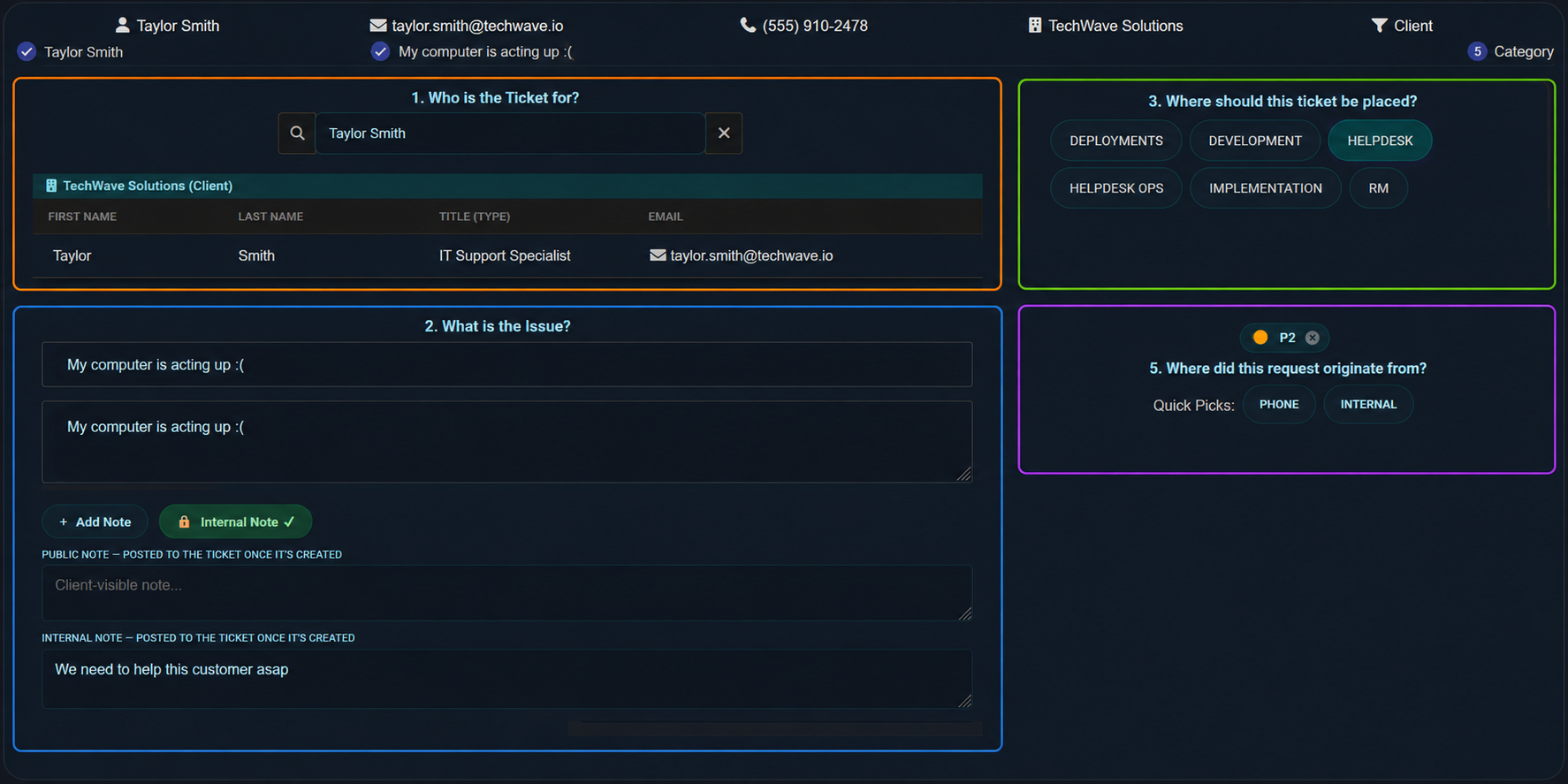 Sniper's one-screen new-ticket flow