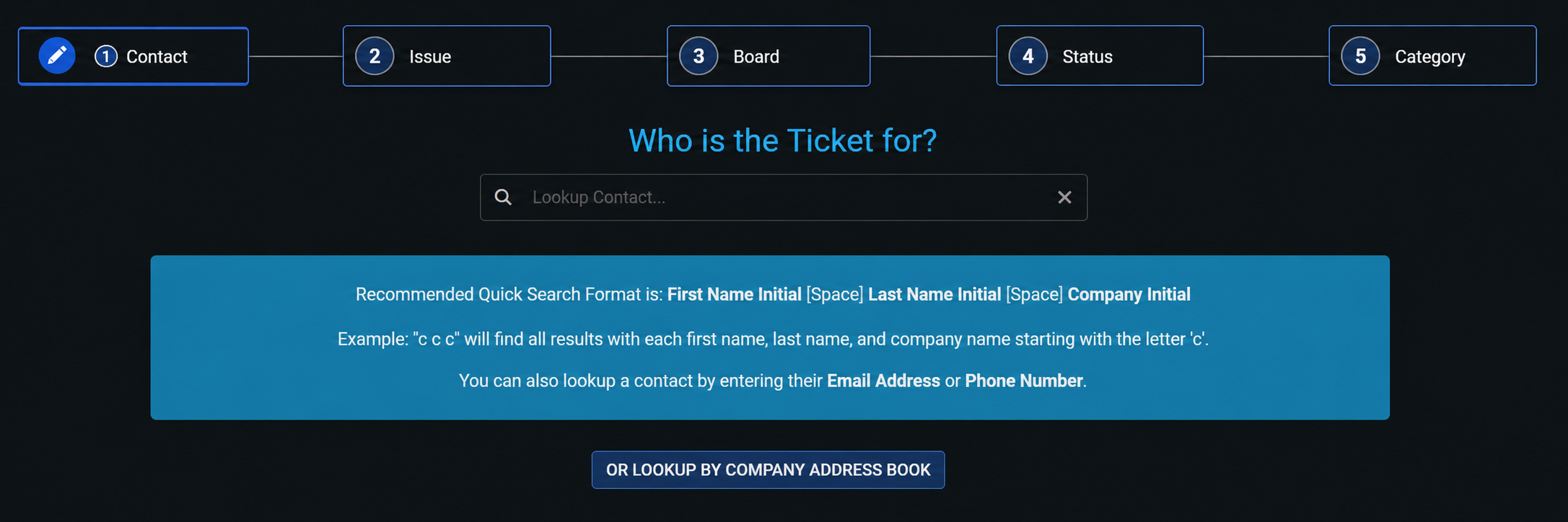 The default new-ticket flow — a five-step wizard